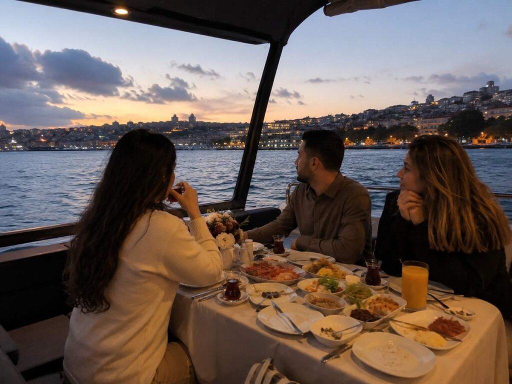 Friends dining at dusk on an Istanbul dinner cruise with city skyline views