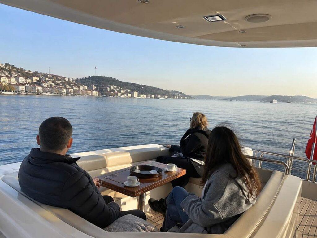 morning-cruise Guests having morning tea on a private Bosphorus cruise yacht deck