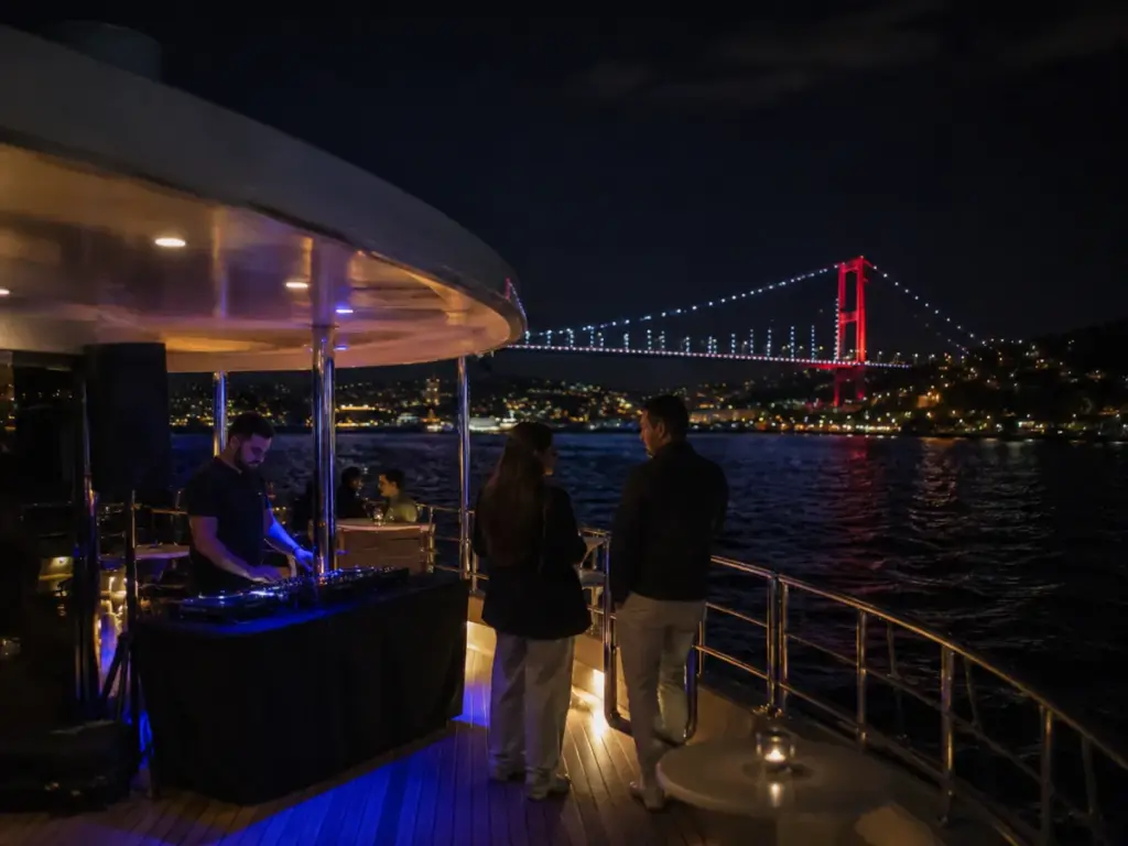 Guests on a Bosphorus party cruise deck with a DJ and the illuminated bridge behind