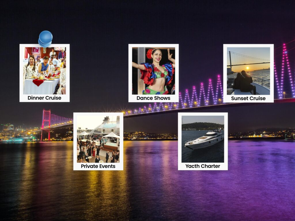 Large corporate dinner set up on a Bosphorus event boat at night