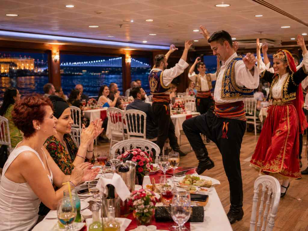 Standard menu with alcoholic drinks, meeting point package on the Bosphorus dinner cruise