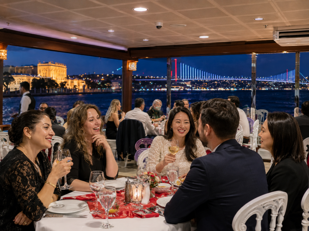 Standard menu with alcoholic drinks, meeting point package on the Bosphorus dinner cruise