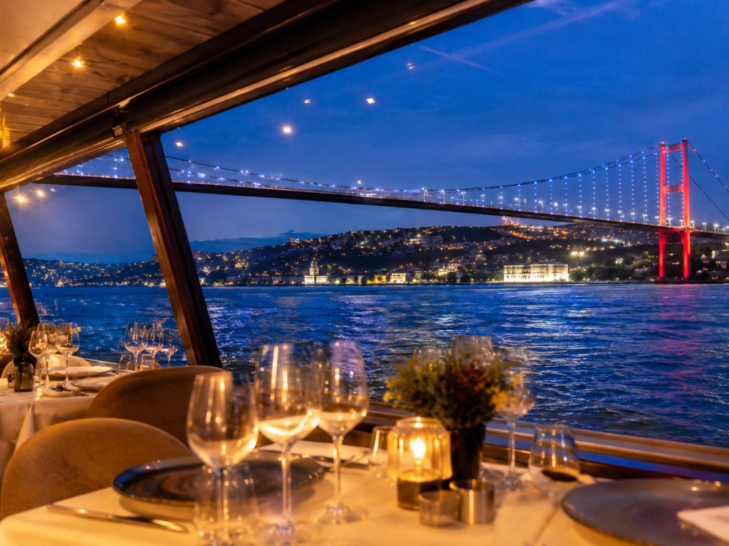 Standard menu with alcoholic drinks, meeting point package on the Bosphorus dinner cruise