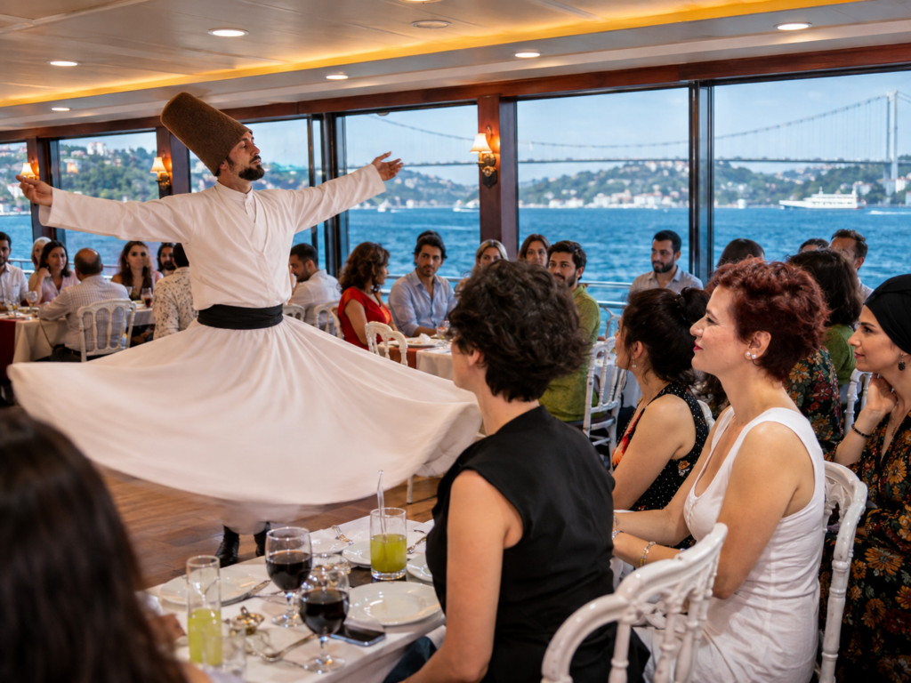 Standard menu with soft drinks, meeting point package on the Bosphorus dinner cruise