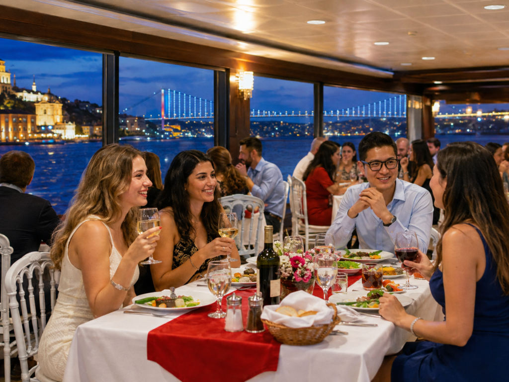 Vegetarian menu with alcoholic drinks on the Bosphorus dinner cruise