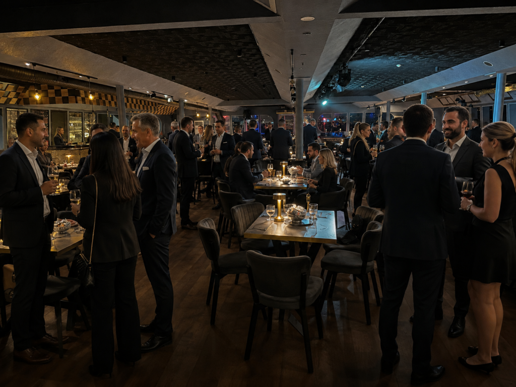 Tavoli di gala allestiti sull'Event Boat 4, la nave da 700 ospiti della nostra flotta