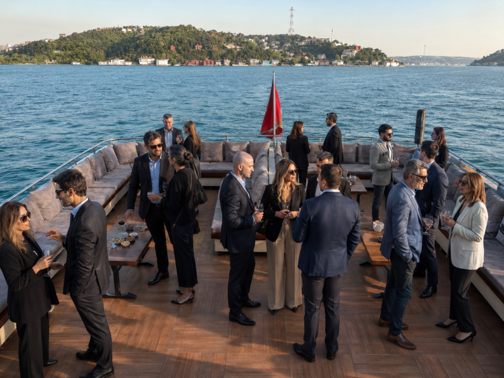 Ospiti business in networking sul ponte durante un charter aziendale sul Bosforo