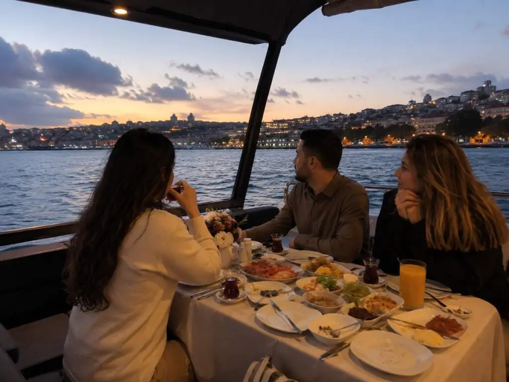 Friends dining at dusk on an Istanbul dinner cruise with city skyline views